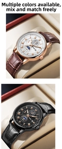 Detail of luxury business watches with moon phase dials and crocodile leather bands