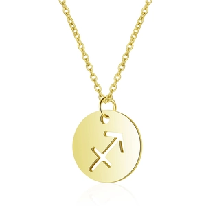 Golden Sagittarius zodiac pendant necklace with hollowed circular design on a fine chain