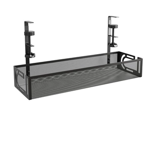 Black metal under-desk cable management tray with adjustable G-clamps on white background