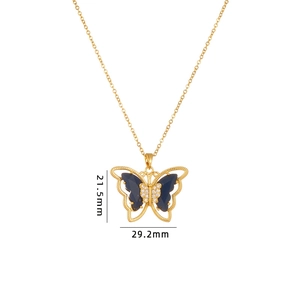 Golden butterfly necklace with blue wings and zircon crystals, 21.5mm by 29.2mm dimensions