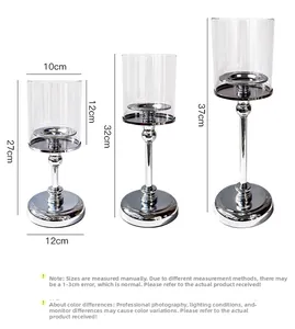 Detailed size chart for three silver metal candle holders with glass cylinders