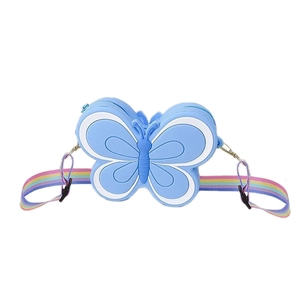 Blue butterfly silicone crossbody bag for girls with adjustable rainbow shoulder strap
