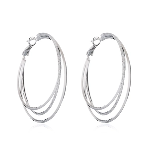 Detail of silver double-hoop earrings featuring polished and sandblasted metal finishes