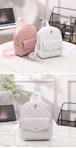 Detail of pink and white mini backpacks with quilted texture and golden rose charms