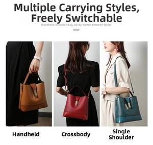 Three-piece leather bucket bag set in brown, burgundy, and teal with crocodile texture base