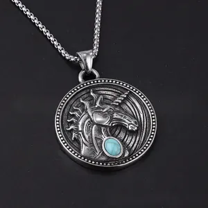 Vintage Unicorn Relief Pendant Necklace Stainless Steel With Inlaid Turquoise Hip Hop Punk Style Round Medal Jewelry