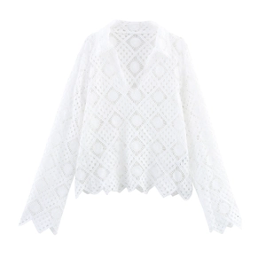 Women Elegant Hollow Lace Blouse Polo Collar Geometric Crochet Long Sleeve Top With Wavy Hem