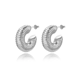 Polished silver hollow threaded C-shaped hoop earrings with a premium metallic finish