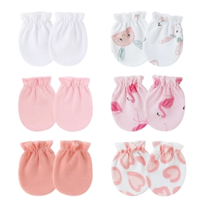 Set of 6 pairs baby anti-scratch cotton mittens with cute animal prints and solid colors