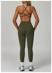 Rear view of olive green backless yoga set with criss-cross straps and high waist leggings