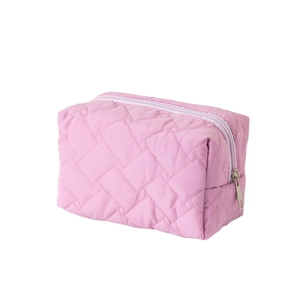 Pink quilted cosmetic bag with large capacity and silver zipper on white background