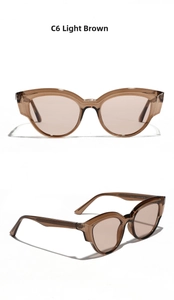 Detailed views of light brown cat-eye sunglasses with TR90 temples and metal core detail