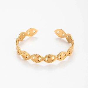 Gold stainless steel open cuff bracelet with hammered eye pattern and beaded edges