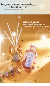 Detail of elegant glass reed diffusers with fiber sticks and purple floral accents