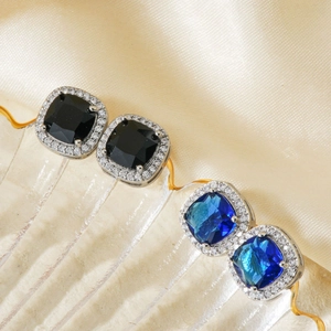 Elegant men's cushion-cut halo stud earrings with black and blue zircon stones