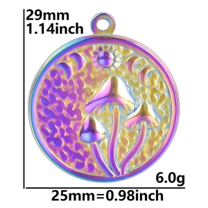 Detailed view of iridescent mushroom sun moon pendant with 25x29mm size specifications