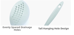 Detail of mint green colander with uniform drain holes and long handle hanging hole