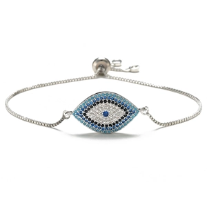 Detailed view of the evil eye bracelet with cubic zirconia and adjustable silver chain