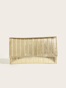 Macro detail of golden evening clutch bag featuring vertical pleated ribbed metallic texture