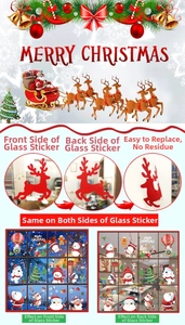 Double-sided Christmas window static clings showing Santa and reindeer from both sides