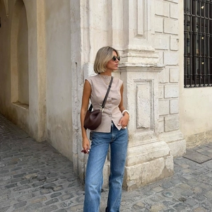 Gilet Senza Maniche A Quadri Da Donna Girocollo Monopetto Vestibilità Aderente Stile Britannico Top Casual Beige