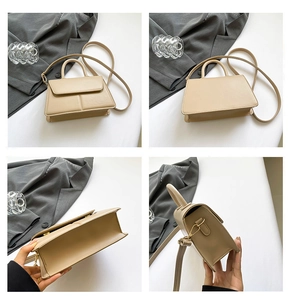Detailed views of beige PU leather handbag showing front, back, bottom and side metal studs
