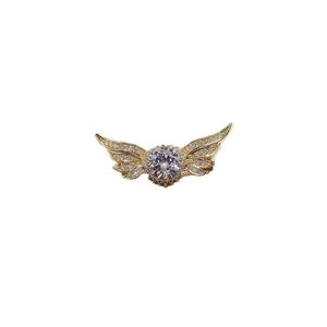 Exquisite golden angel wing brooch with sparkling diamond crystals on a white background