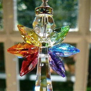 Rainbow crystal angel suncatcher pendant with multifaceted colorful wings for garden decor