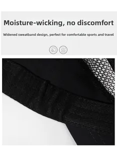 Detail of wide moisture-wicking sweatband and breathable mesh on black sports cap