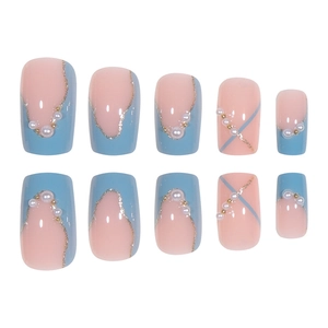 Short square press-on nails with blue pink sea salt pearls and silver lines art