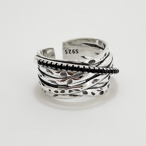 Multi Layer Interwoven Lines Open Ring 925 Sterling Silver With Black Cubic Zirconia Retro Oxidized Adjustable Jewelry