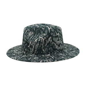 Flat brim fedora hat with green and beige snakeskin pattern in high quality wool felt