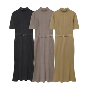 Short Sleeve High Neck Midi Dress Stretchy Polyester Slim Fit Solid Color With Belt Fishtail Hem Elegant Office Lady