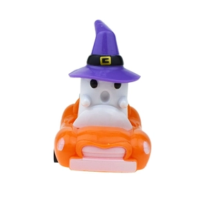 Detail of Halloween ghost pumpkin pull back car toy with purple wizard hat on white backdrop