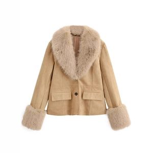 Faux suede jacket with large faux fur collar and plush cuffs in khaki beige color