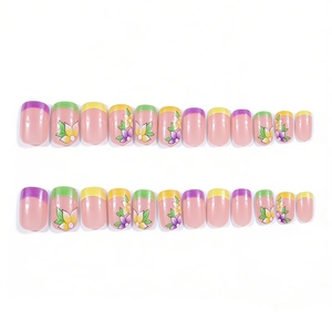 Short French press-on nails with colorful tips and floral patterns, 24-piece set