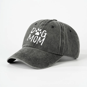 Casquette de baseball en coton gris foncé délavé avec broderie DOG MOM blanche et patte