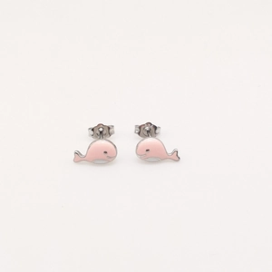 Macro detail of pink and white enamel whale stud earring in S925 sterling silver