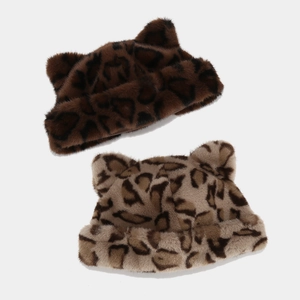 Winter leopard print faux fur hat with 3D fox ears, warm thickened fleece beanie for women