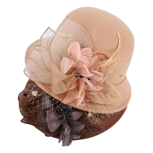 Elegant wool felt cloche hat with floral mesh veil and feathers in beige and coffee