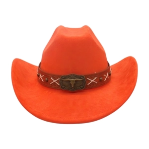 Cappello da cowboy arancione stile western con fibbia in metallo a teschio di toro e cuoio