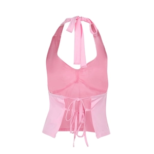 Detail of pink halter top with lace stitching and backless lace-up ribbon design