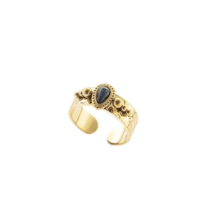 18K gold plated stainless steel open ring with hammered texture and black teardrop stone