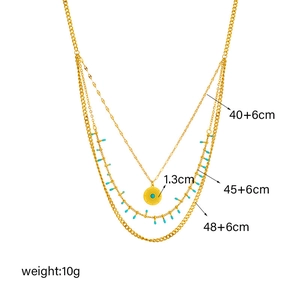 Detailed size chart for the gold-plated layered necklace with turquoise beads and sun disk