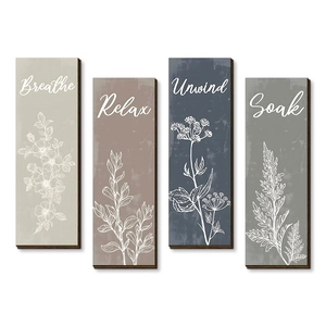 Set of 4 botanical wooden wall plaques featuring Breathe Relax Unwind Soak text