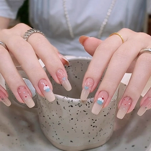 Cupcake Heart Press On Nails Long Coffin Fake Nails Nude Pink Glitter Sweet Style Artificial Finger Nails For Women