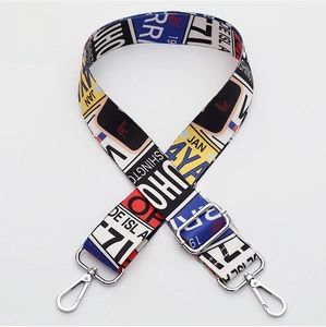 Detail of adjustable woven wide strap No. 360 with silver hooks and colorful lettering