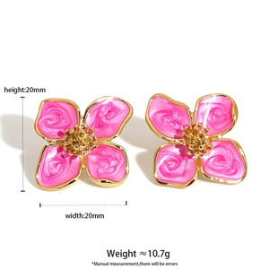 Pink enamel flower stud earrings in 316 stainless steel with gold edges and dimensions