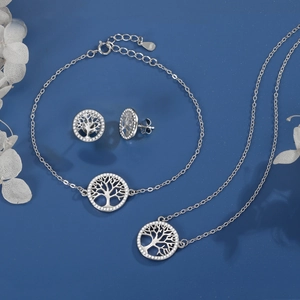 S925 Sterling Silver Tree of Life Jewelry Set with White Zircon on Blue Background