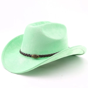 Detail of mint green suede cowboy hat with braided leather band and bull metal emblem